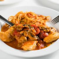 Pollo Cacciatore · Boneless chicken with peppers, onions, and mushrooms in light tomato sauce.