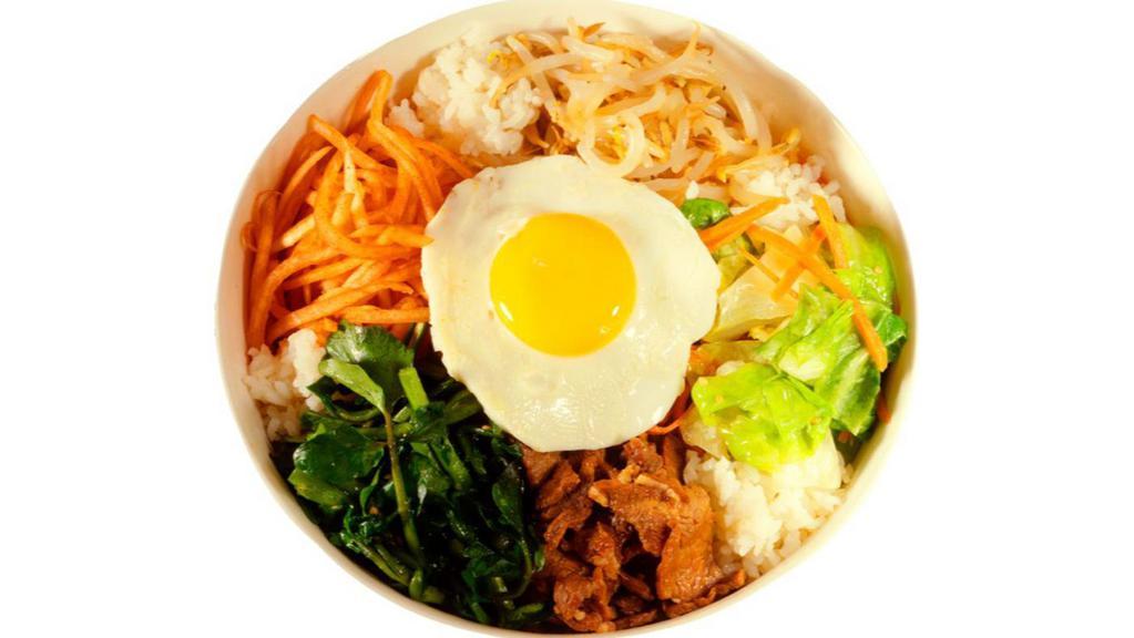 Bi Bim Bap · Rice with vegetables, beef ad fried egg all deliciously seasoned. Served with two scoop of rice.