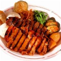 Kalbi & Bbq Chicken Plate · Includes BBQ short ribs, chicken, fried man doo and zucchini.