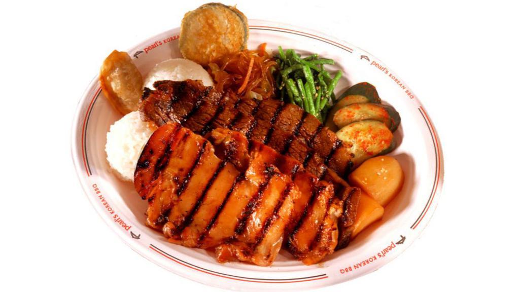 Kalbi & Bbq Chicken Plate · Includes BBQ short ribs, chicken, fried man doo and zucchini.