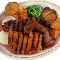 Pearl'S Special Plate · Includes kalbi, BBQ beef, BBQ chicken, fried man doo and zucchini.