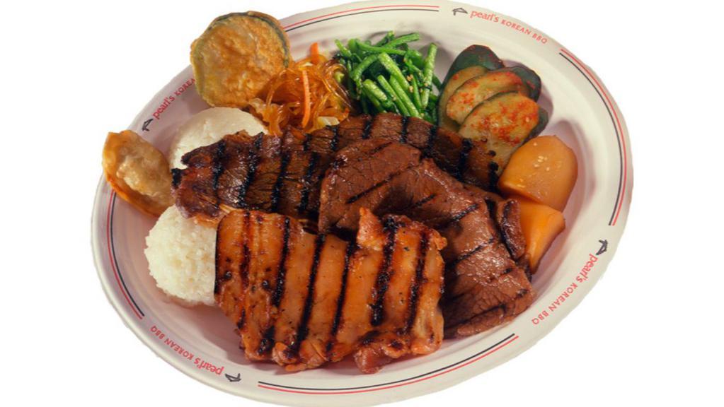 Pearl'S Special Plate · Includes kalbi, BBQ beef, BBQ chicken, fried man doo and zucchini.