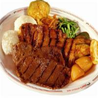 Bbq Beef & Chicken Plate · It comes with bbq beef, bbq chicken, fried man doo and zucchini served with two scoops of ri...