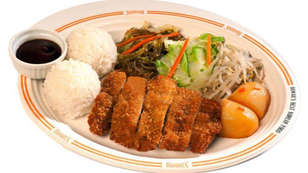 Chicken Katsu Plate · Deep-fried chicken thigh breaded with panko. Served with two scoops of rice.
