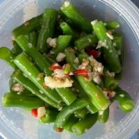 String Bean Salad / 凉拌四季豆 · String beans, garlic, red chili vinaigrette, sichuan peppercorn. Vegetarian/vegan and gluten...