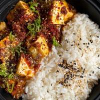 Mapo Tofu Over Rice / 麻婆豆腐 · Beef, chili bean paste, organic tofu. Gluten-free.