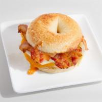 Bacon, Egg, And Cheese Bagel  · Bagel toasted with bacon, egg, and cheese.
