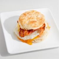 Bacon, Egg & Cheese Biscuit · Bacon, egg, and cheese on a toasted biscuit.