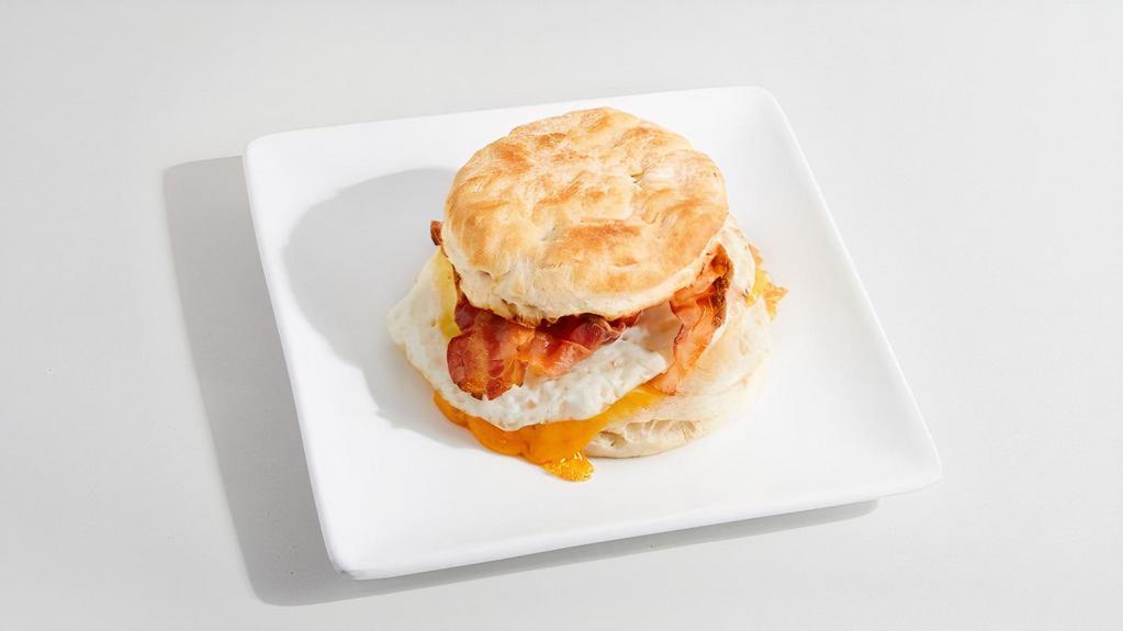 Bacon, Egg & Cheese Biscuit · Bacon, egg, and cheese on a toasted biscuit.