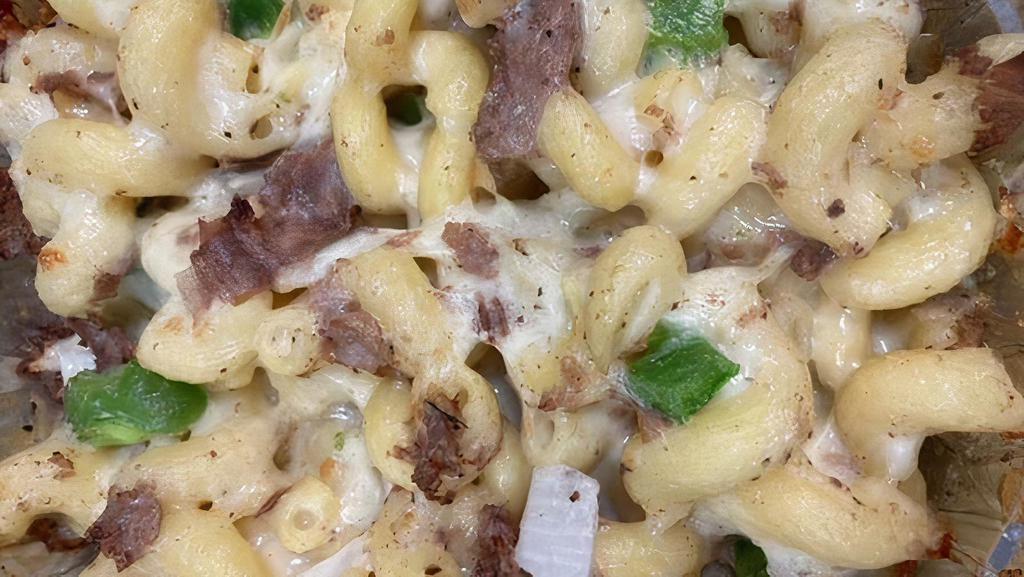 Philly Mac · Philly Mac & Cheese Bowl, Steak, Mozzarella cheese, Onions and Green Peppers