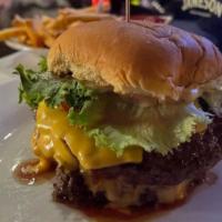 Double Bull Burger · Double beef patty, American cheese, empire classic sauce, lettuce, tomato, onion, pickles.