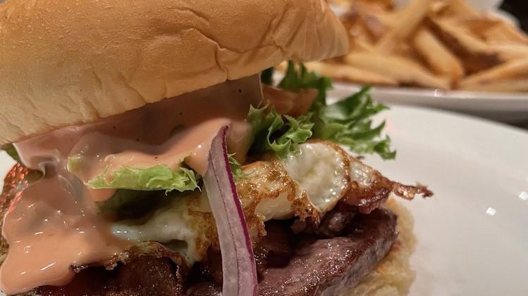 Bull & Bacon Burger · Beef patty, bacon, empire zesty sauce, lettuce, tomato, onion, pickles.