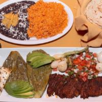 Churrasco Con Nopales Asados /  Skirt Steak With Grill Cactus  · With chives, pico de gallo and avocado.