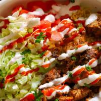 Chicken Gyro Platter · Served with rice, salad, pita bread, white sauce ad red sauce