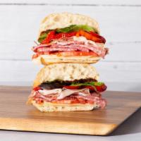 Ultimate Italian · Savory proscuitto, sopressata, and salami with fresh mozzarella, roasted red peppers, mixed ...