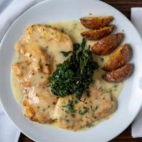 Chicken Francese · With roasted potato and vegetables.