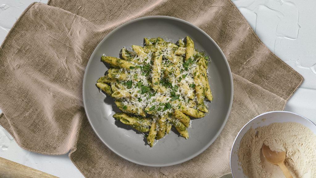 Pesto Pull Up Penne · Fresh basil leaves, garlic, grated parmesan cooked with penne. Served with bread.