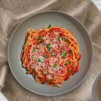 Marinara Menace Spaghetti · Fresh tomatoes, olive oil, and basil ground for marinara sauce cooked with spaghetti. Served...