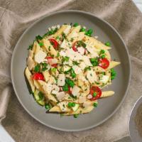 Past Time Primavera Pasta · Sauteed seasonal vegetables and tomatoes in a light tomato sauce in a bed of penne. Served w...