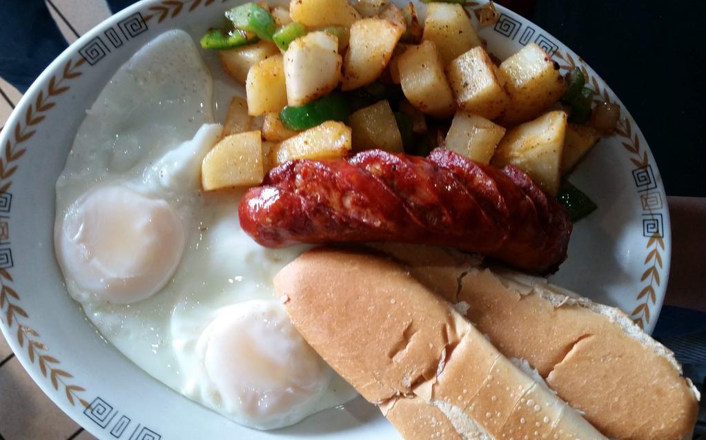 Two Eggs, Toast, Potatoes & Meat (1) Breakfast · two eggs any style with one meat(chorizo, ham, bacon, salami or turkey.