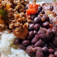 Picadillo A La Cubana (Ground Beef Cuban Style) · lean ground beef seasoned cuban style, comes with rice n beans and plantains
