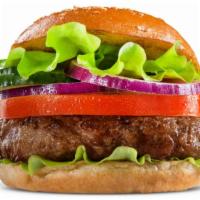 Hamburger · Tasty and juicy beef patty with lettuce, tomato, mayo, and ketchup on a fresh bun.