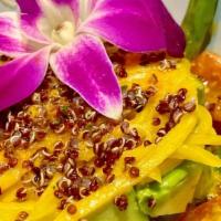 Mojo Vegan Ceviche · Green mango, avocado, sweet potatoes, asparagus, onions, toasted corn, sprinkled quinoa in z...