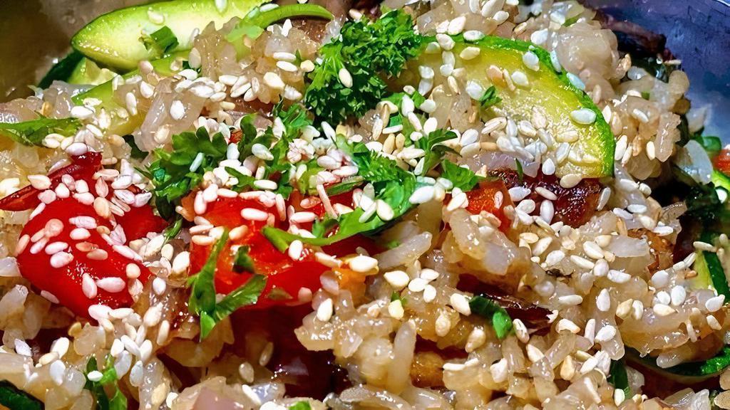 Veggie Latino Fried Rice (Ol) · Marinated veggies, scallions, eggs, soy sauce, ginger, oyster sauce, sesame oil tossed in chopped maduros