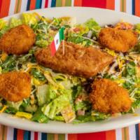 Crunchy Seafood Salad · Fried shrimp and/or battered fish atop a bed of romaine lettuce, cucumber and pico de gallo ...