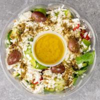 Greek Salad   · Romaine Lettuce, Cucumbers, Tomatoes, Mint Leaves, Scallions, Feta Cheese, Kalamata Olives &...