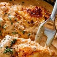 Chicken Stroganoff  · Thin strips of chicken cooked with onions, mushrooms, and seasonings, served in a sour-cream...
