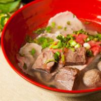 The Super Pho · Beef shank, brisket, ox tail, beef ball, rare eye round, with tendon and tripe.