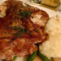 Roasted Organic Chicken · Whipped potatoes, haricots verts, and chicken jus.