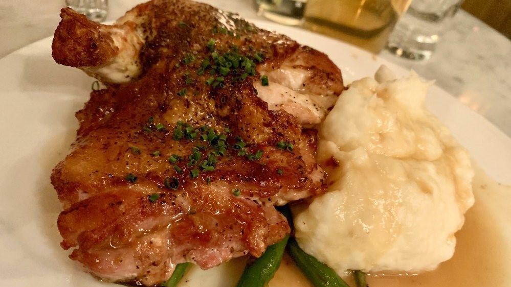 Roasted Organic Chicken · Whipped potatoes, haricots verts, and chicken jus.