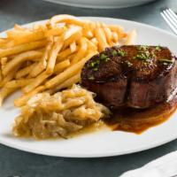 Ny Strip · Fried onions and french fries.