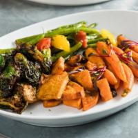 Vegetable Plate · Green beans with heirloom tomatoes, honey and orange roasted carrots brussel sprouts, srirac...