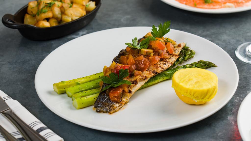 Grilled Branzino · Tomato, Olives, Capers, Asparagus, Roasted Potatoes