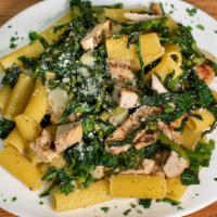 Pasta Gabrielle · Grilled chicken and fresh broccoli rabe sautéed in a light roasted garlic EVOO brodo served ...