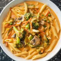 Primavera Pasta · Sauteed broccoli, carrots, zucchini, squash, mushrooms & peas in a light cream sauce.