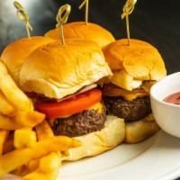 Bar Burgers · 4 sliders served with choice of style and side of fries:
-2 oz burgers, lettuce tomato, onio...