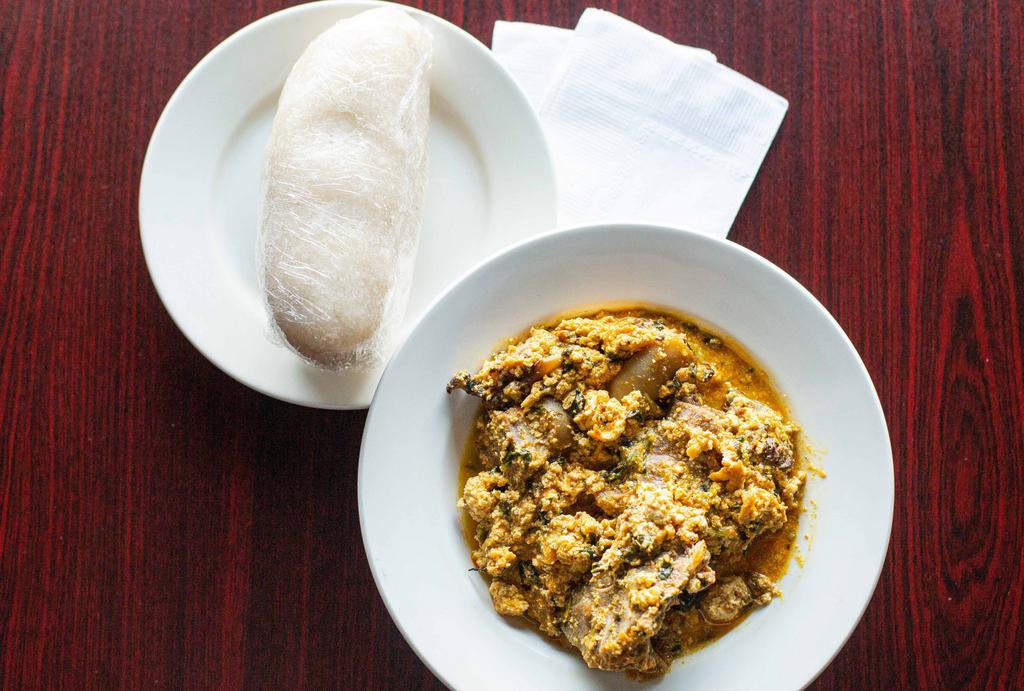 Egusi · Soup made from seeds of cucurbitaceous plants.
served with Goat meat/Mixed meat/ Fish