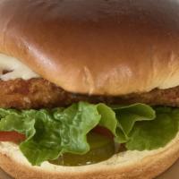 Chicken Burger · Chicago Brioche, Breaded Chicken Breast, Mozzarella Cheese, Mayo, Pickles, Tomatoes, Green L...