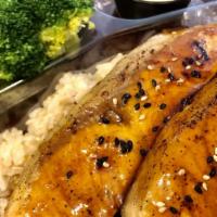 Salmon Teriyaki Bowl · Seasoned Scottish Salmon, Homemade Teriyaki, Choice 1 of Rice, Steamed Broccoli