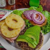 Hawaiian Burger · Ham, mozzarella, pineapple, avocado, lettuce, tomato, and onion.