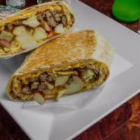 3Bs Burrito · Three eggs, bacon, sausage, yellow cheese, tomato, onions, and fries.