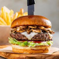 Mushroom Swiss Burger* · There’s so mush-room in our hearts for this one. Sauteed onions, mushrooms, Swiss, lettuce, ...