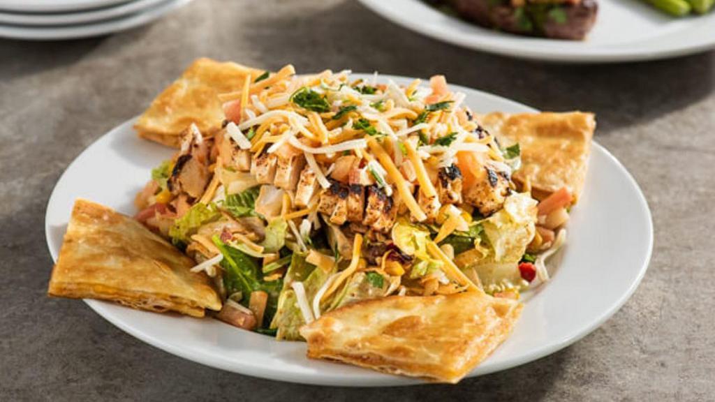Quesadilla Explosion Salad · Grilled chicken, cheese, tomatoes, corn & black bean salsa, tortilla strips with citrus-balsamic. Served with cheese quesadillas.