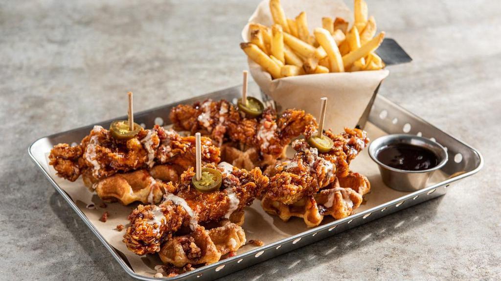 Honey-Chipotle Crispers® & Waffles · Crispers on top of Belgian waffles. Topped with bacon, jalapeños, ancho-chile ranch. Served with fries & honey-chipotle sauce.