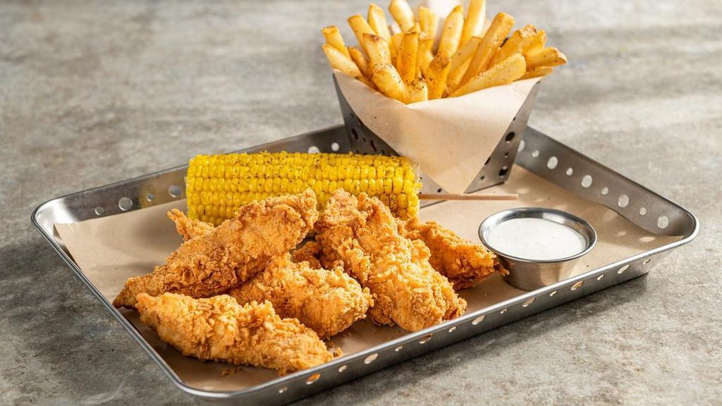 Crispy Chicken Crispers® · Served with fries, corn on the cob and choice of honey-mustard, BBQ sauce or house-made ranch.