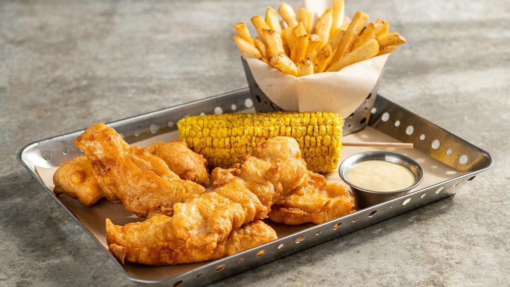 Original Chicken Crispers® · Served with fries, corn on the cob and honey mustard.